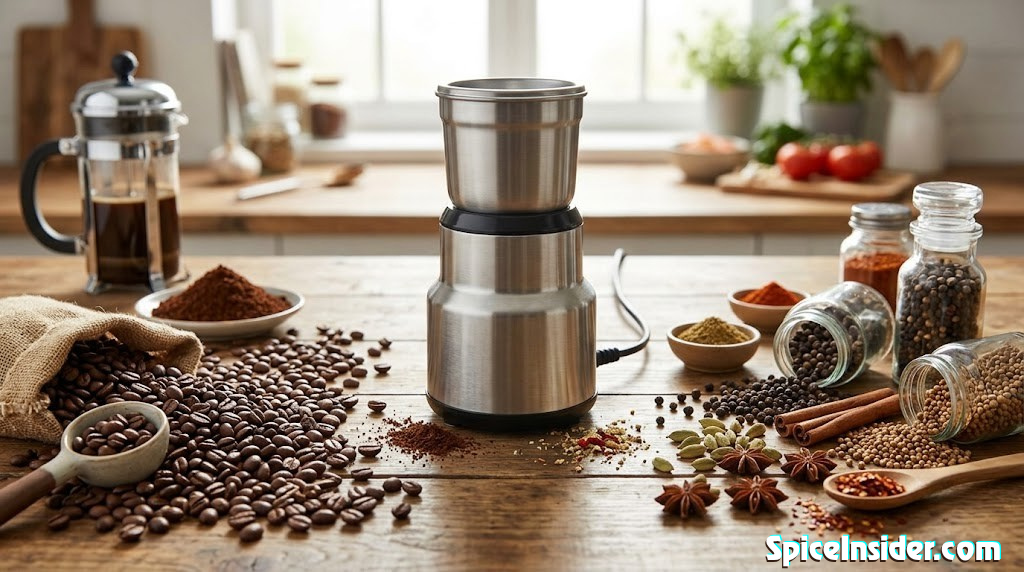 A blade grinder surrounded by coffee beans on one side and whole spices on the other, illustrating dual-use grinding