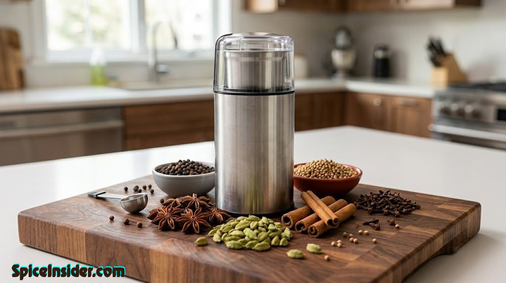 A clean stainless steel spice grinder surrounded by colorful whole spices on a wooden cutting board