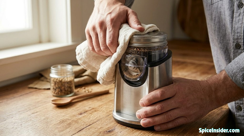 A stuck spice grinder lid being loosened with a cloth — close-up shot of hands and a modern blade grinder on a wooden countertop