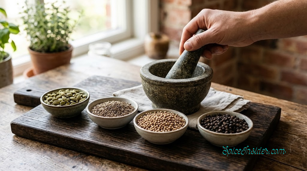 Array of whole spices — cardamom, cumin, coriander, black pepper — ready to be ground by hand