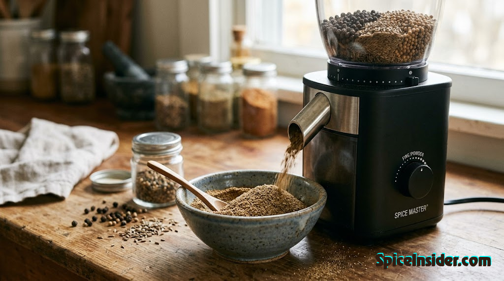 Burr grinder with uniform spice powder output