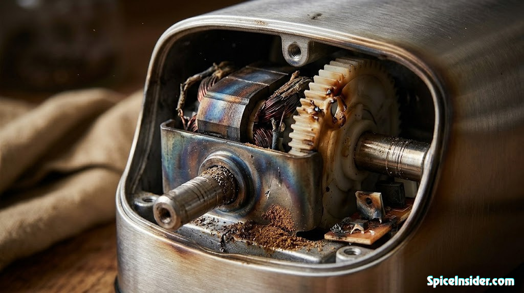 Close-up of spice grinder motor compartment showing signs of heat and wear