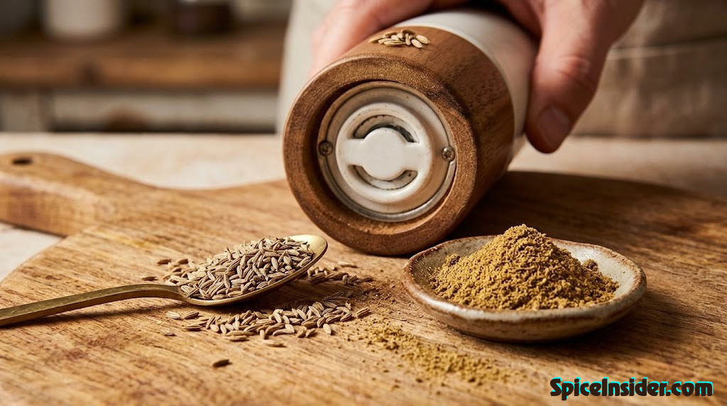 Closeup of a spice grinder with freshly ground cumin powder and whole seeds ready to load