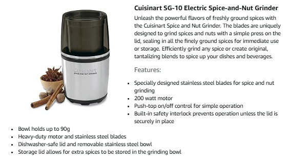 Cuisinart SG-10 electric spice and nut grinder with stainless steel bowl and black lid