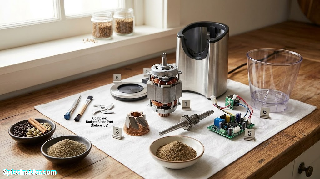 Disassembled electric spice grinder showing internal motor and blade assembly