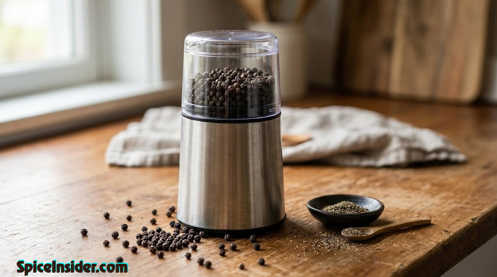 Electric blade spice grinder with whole peppercorns