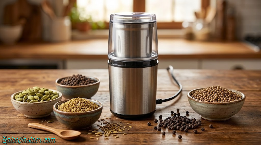 Electric spice grinder surrounded by whole cumin, coriander, cardamom and black pepper