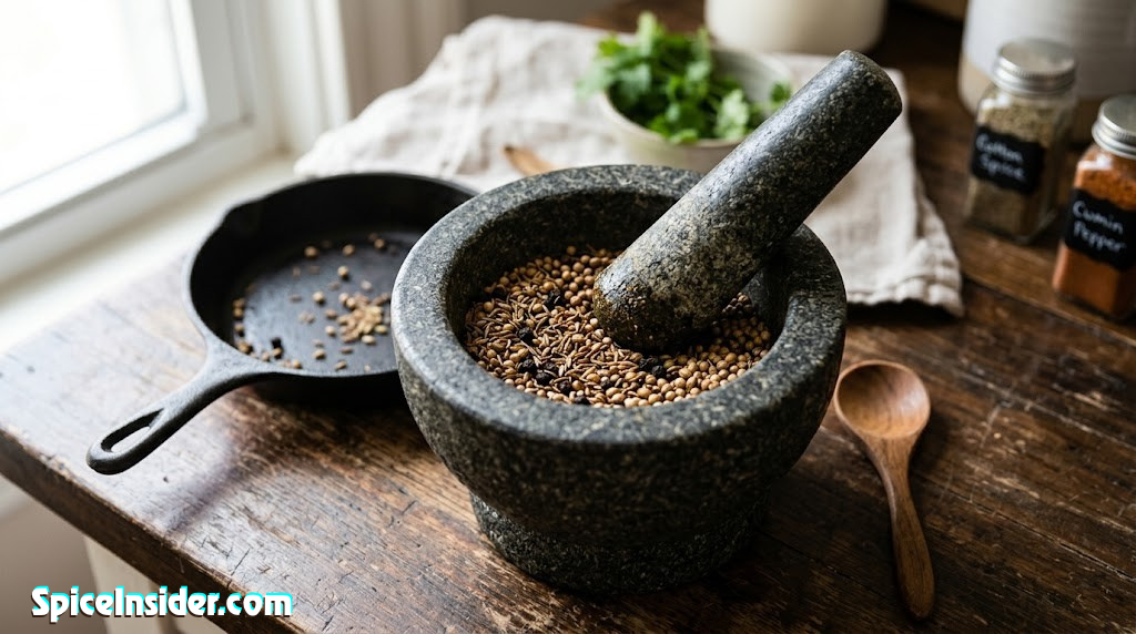 Freshly toasted cumin, coriander, and peppercorns ready for grinding in a mortar and pestle