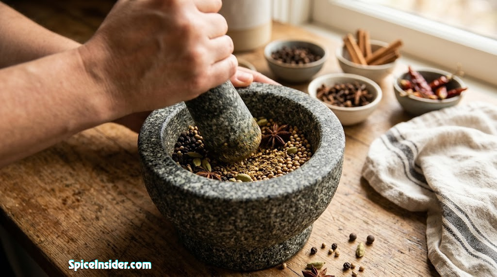 Granite mortar and pestle with whole spices being ground by hand
