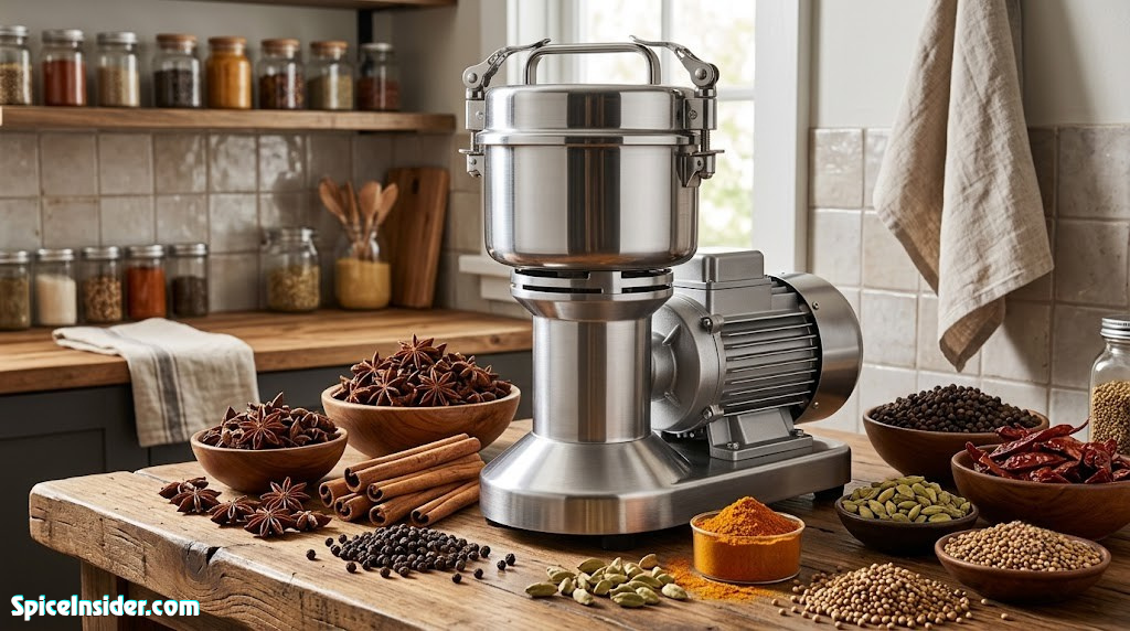 Heavy duty stainless steel spice grinder built to last on a kitchen counter surrounded by whole spices