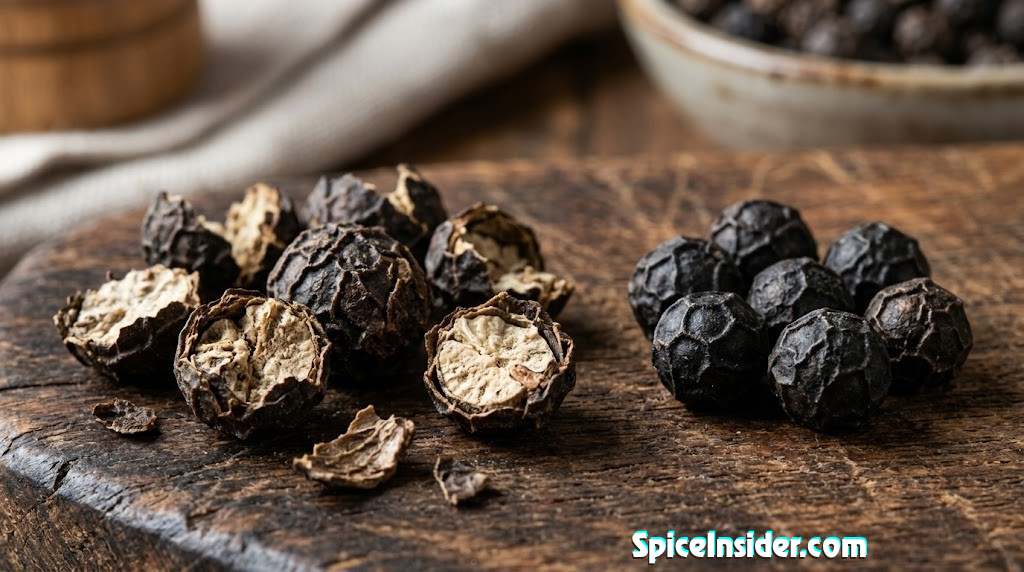 Macro photo of cracked black peppercorns showing the broken outer shell and exposed interior next to whole, intact peppercorns