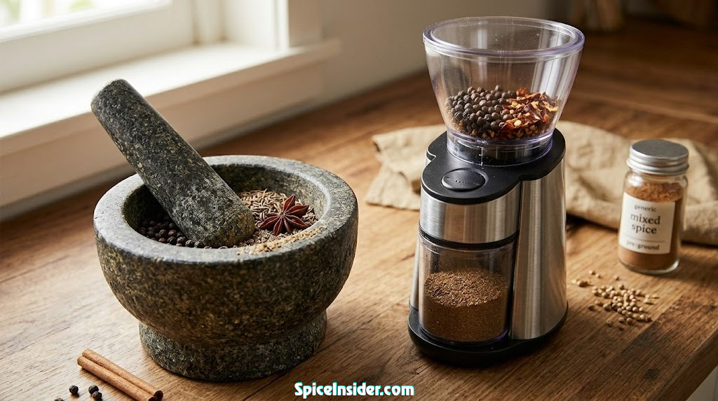 Manual mortar and pestle next to an electric spice grinder on a wooden countertop