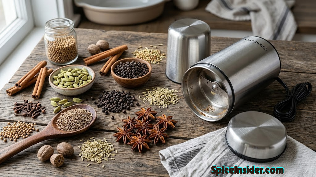 Overhead flat lay of whole spices including cardamom, peppercorns, cumin and star anise beside a silver blade spice grinder
