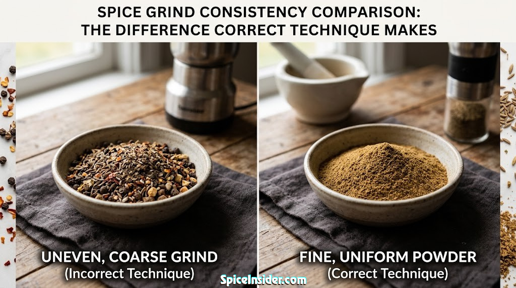 Side-by-side comparison of coarse, uneven spice grind versus fine powder — showing the difference correct technique makes