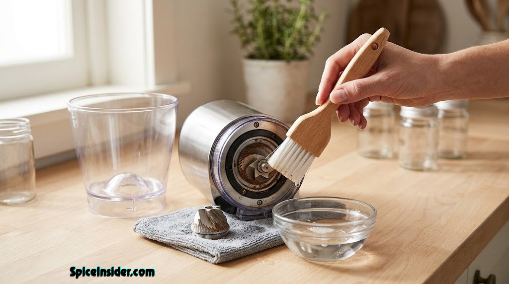 Spice grinder being cleaned with water and brush