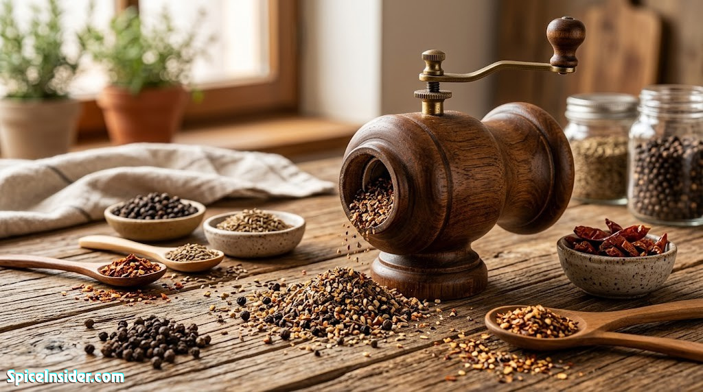 Spice grinder with chunky ground spices on a wooden surface