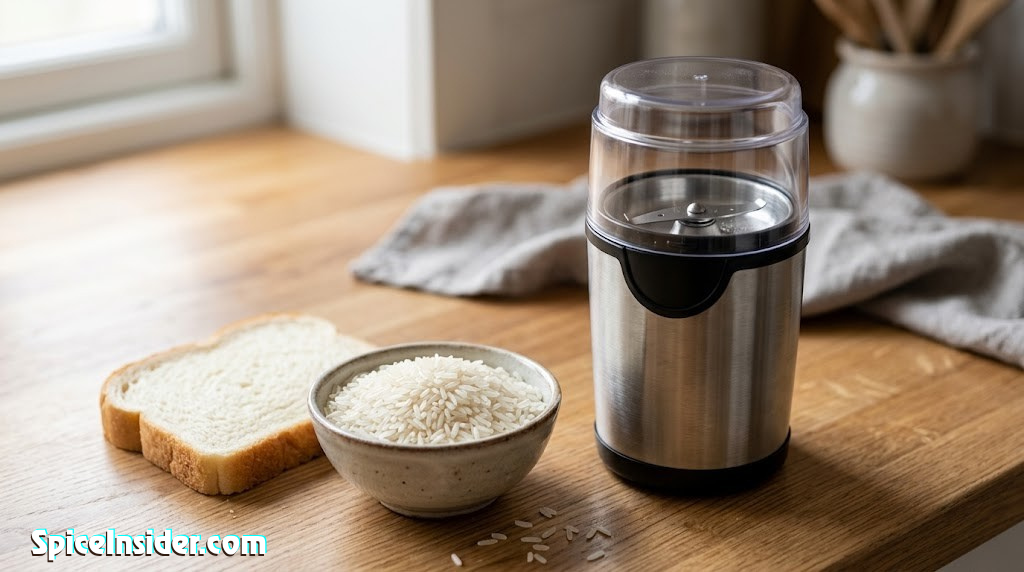 Uncooked white rice and a slice of white bread laid beside a blade-style electric spice grinder