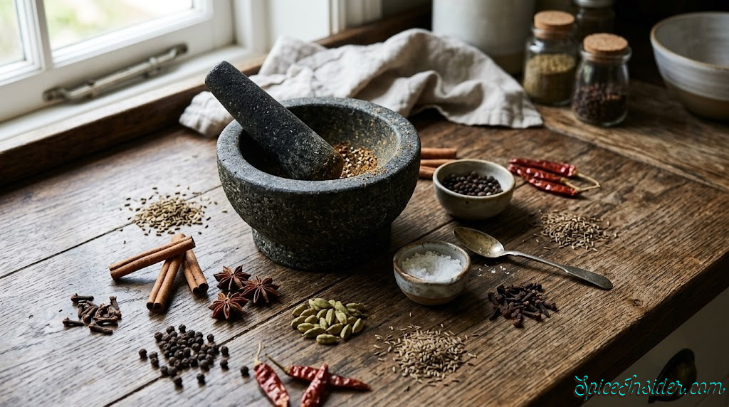 Whole spices on a wooden surface with a mortar and pestle