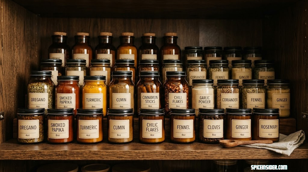 Labeled amber glass jars of bulk spices organized on a pantry shelf away from sunlight