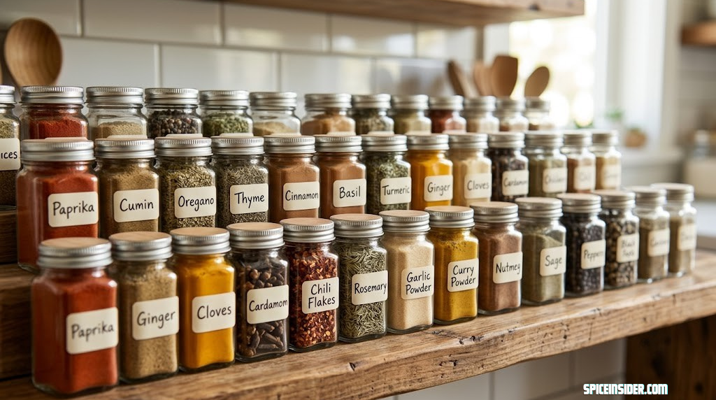 Rows of small glass spice jars with neat handwritten labels on a wooden kitchen shelf