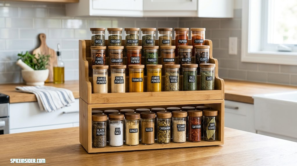 Stackable spice organizer tiers holding jars