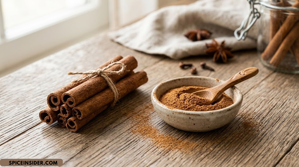 Cinnamon sticks and ground cinnamon on a wooden table