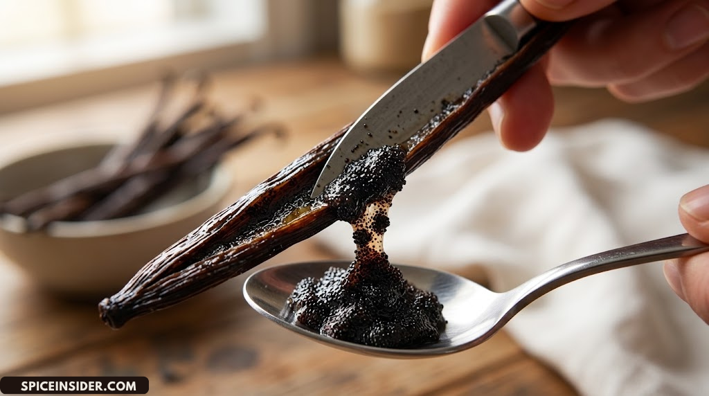 Close up of black vanilla bean seeds being scraped from a split pod onto a spoon