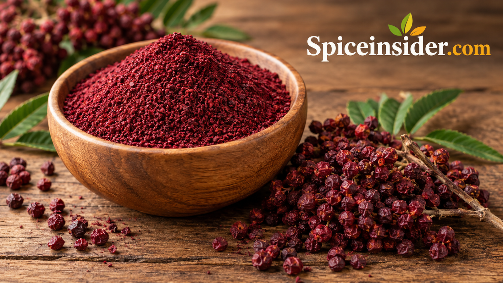 A bowl of deep red ground sumac spice with whole sumac berries on a wooden table