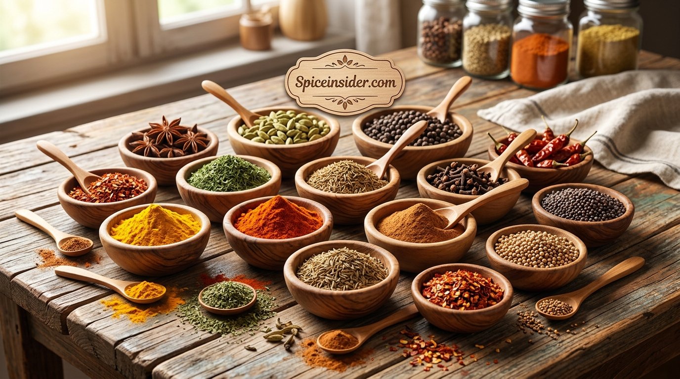 A colorful spread of whole and ground spices in wooden bowls and spoons