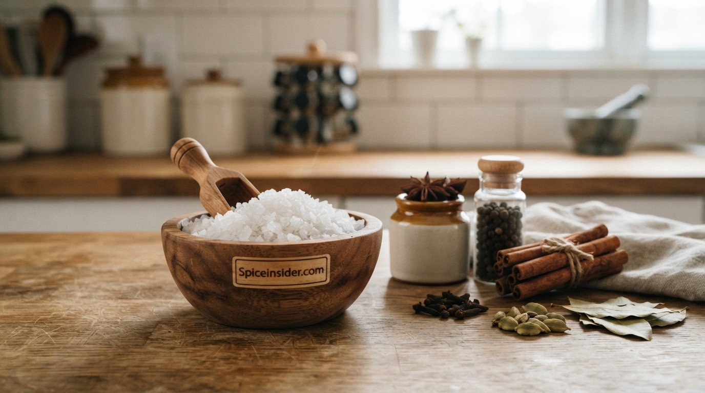 A small wooden bowl of coarse sea salt beside whole spices on a kitchen counter