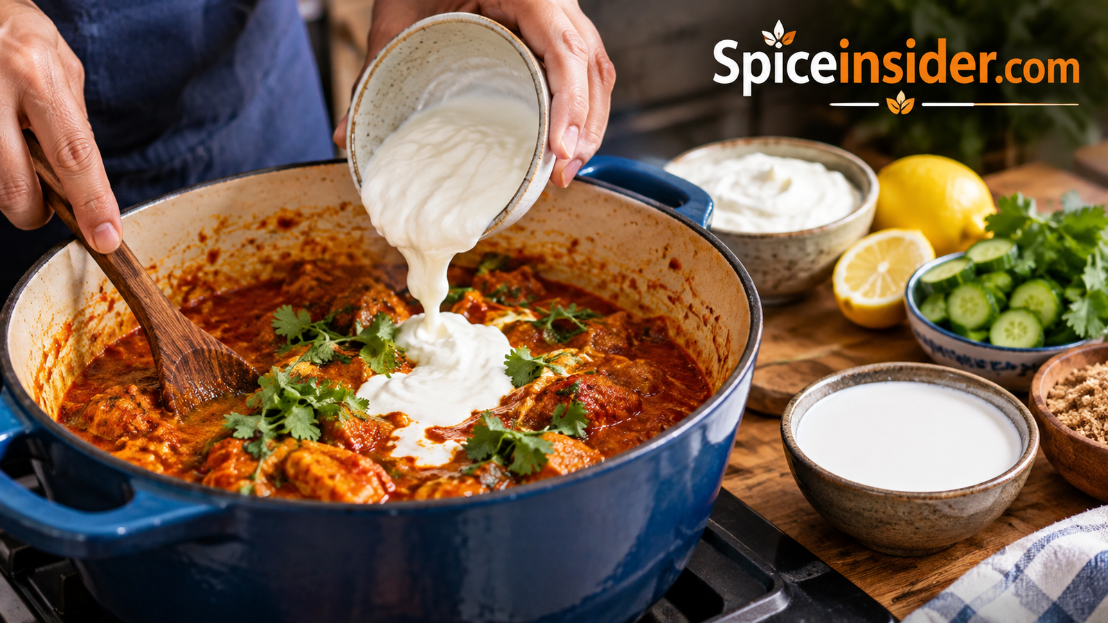 Bowls of yogurt, lime, honey and coconut milk arranged as cooling ingredients for spicy food