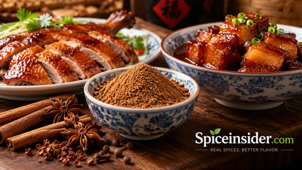 Chinese five spice powder in a small bowl with roasted duck and red-braised pork in the background