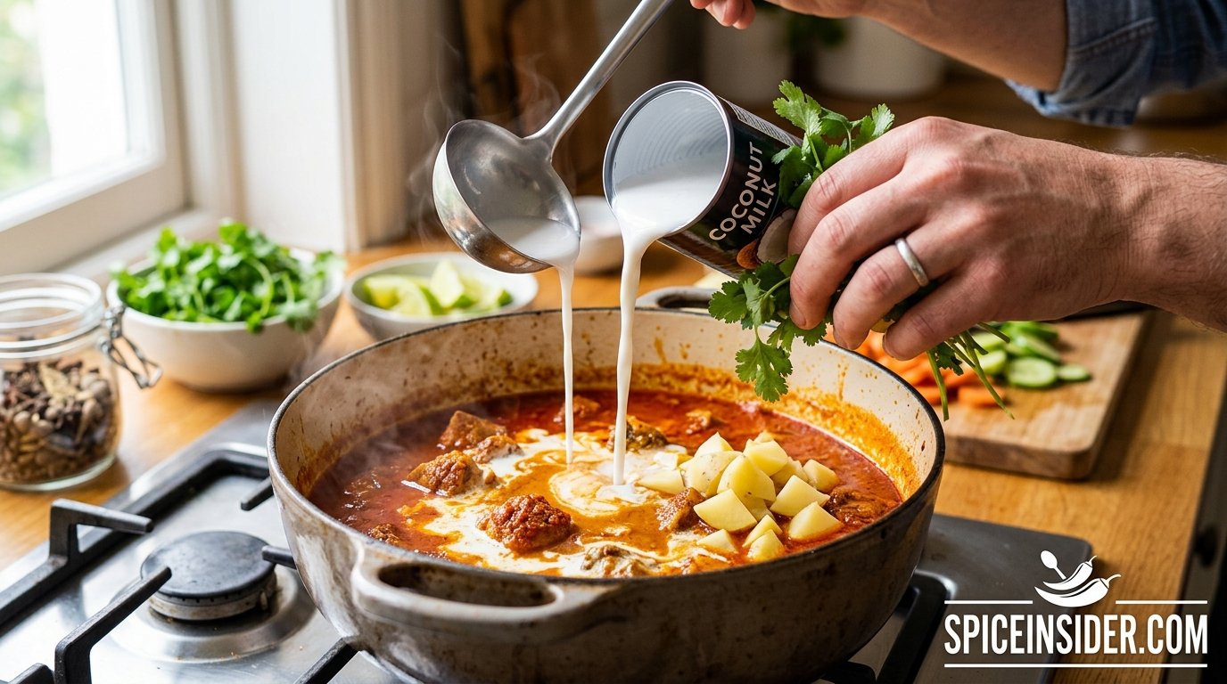 Cook adding cooling ingredients to a pot of curry that turned out too spicy