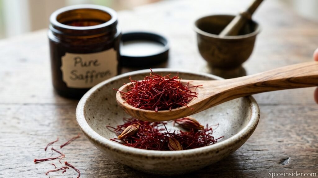 Deep red saffron threads resting in a small wooden spoon, the most expensive spice in the world