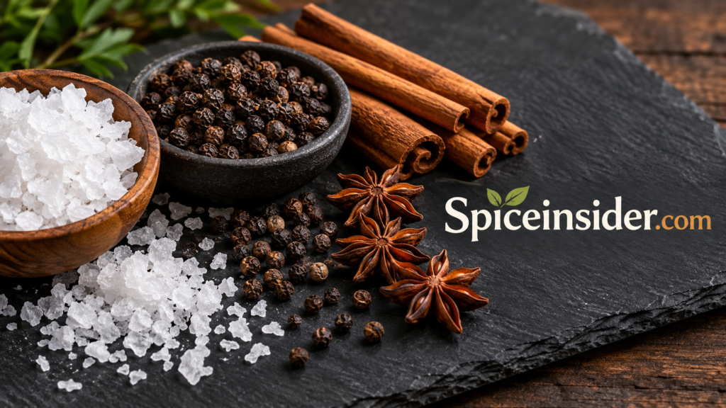 Flaky sea salt, black peppercorns, cinnamon sticks and star anise arranged on a slate board