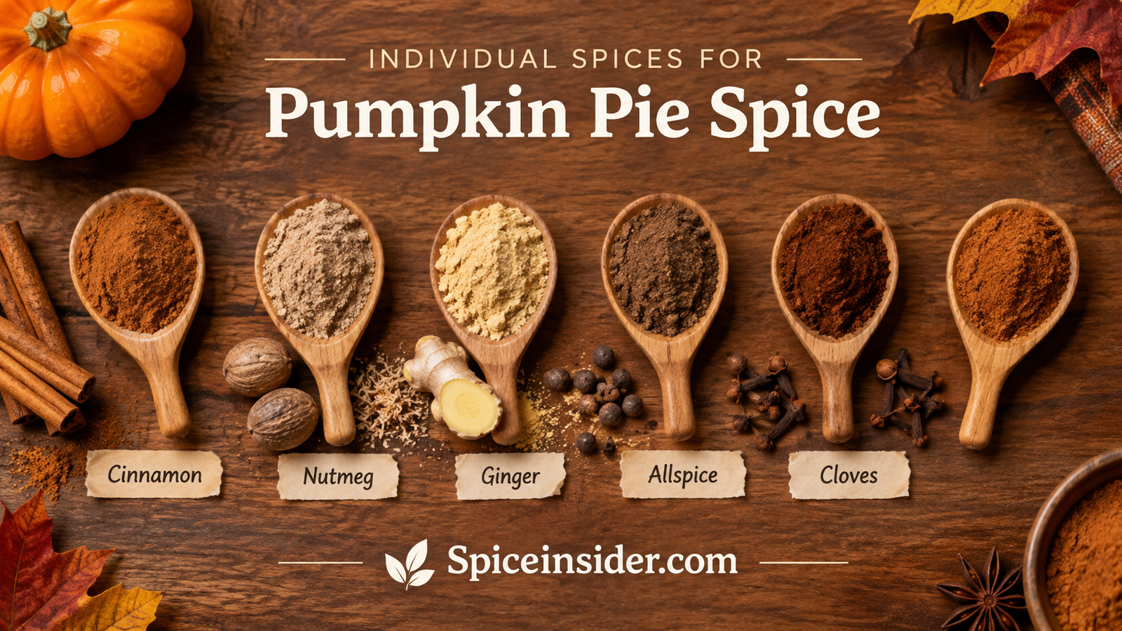 Individual spices for pumpkin pie spice laid out in small spoons on a wooden board