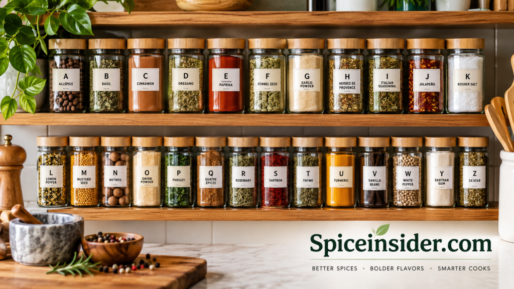 Rows of spice jars arranged alphabetically on a kitchen shelf