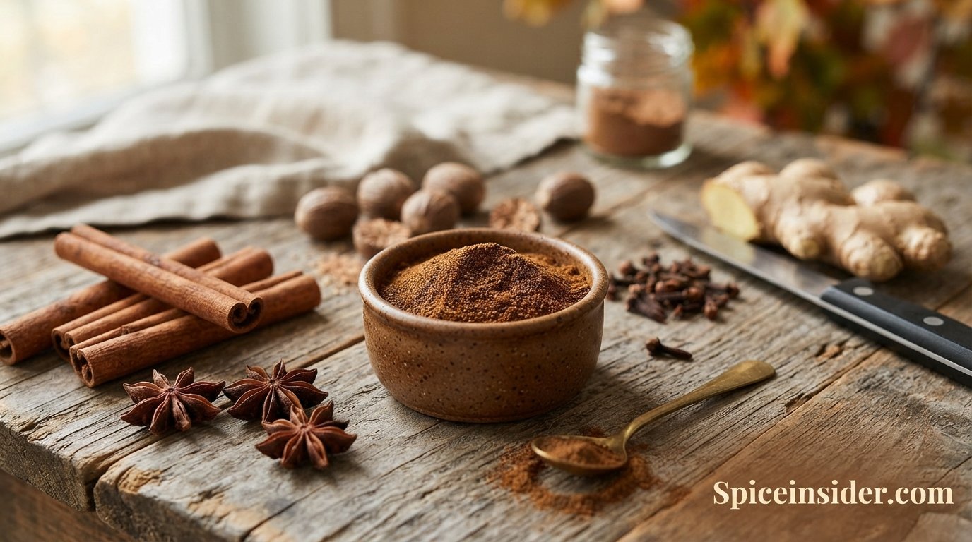 Small bowl of homemade pumpkin pie spice surrounded by cinnamon sticks, whole nutmeg, cloves and fresh ginger