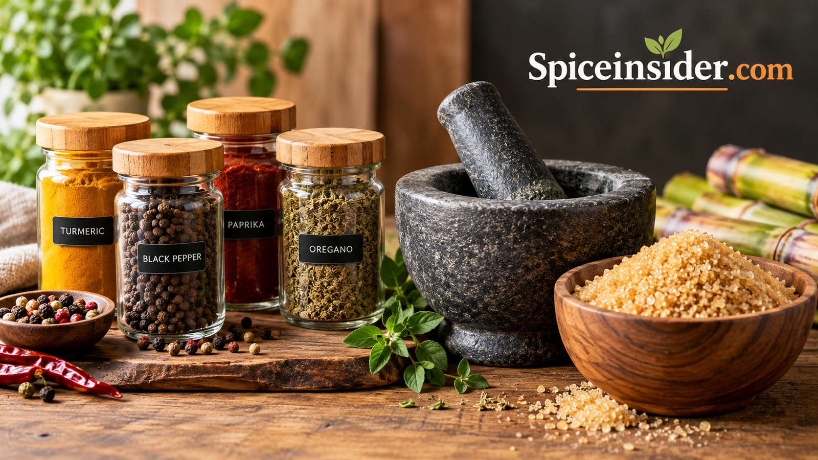 Spice jars, a mortar and pestle, and a bowl of raw cane sugar arranged side by side