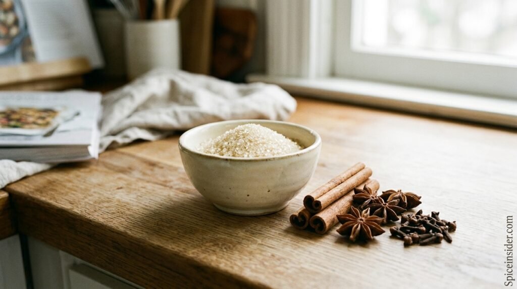 Sugar crystals in a small bowl next to whole cinnamon sticks, star anise, and cloves on a kitchen counter