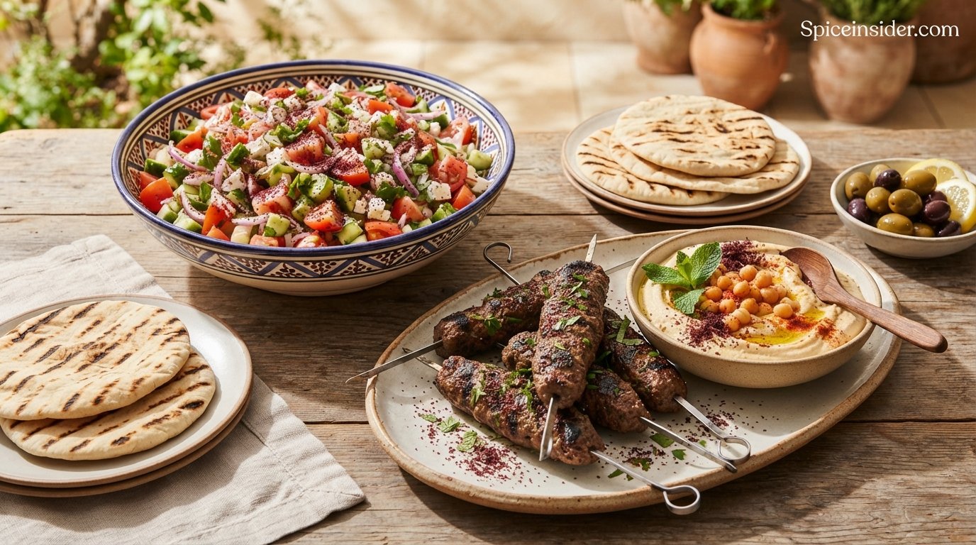 Sumac sprinkled over a fresh salad, grilled meat and hummus