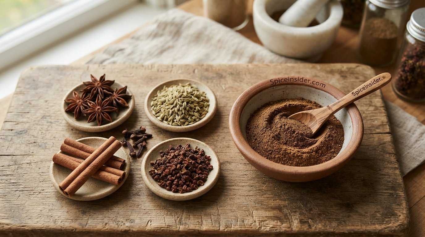 Whole star anise, fennel seeds, cloves, cassia and Sichuan peppercorns arranged beside a bowl of Chinese five spice powder