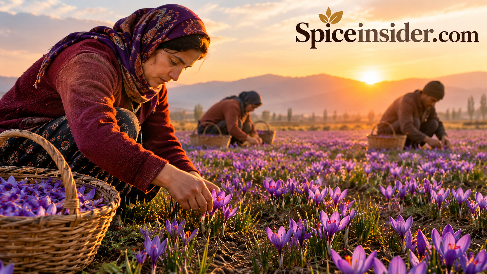 Workers hand-picking purple crocus flowers in a field at sunrise during the saffron harvest
